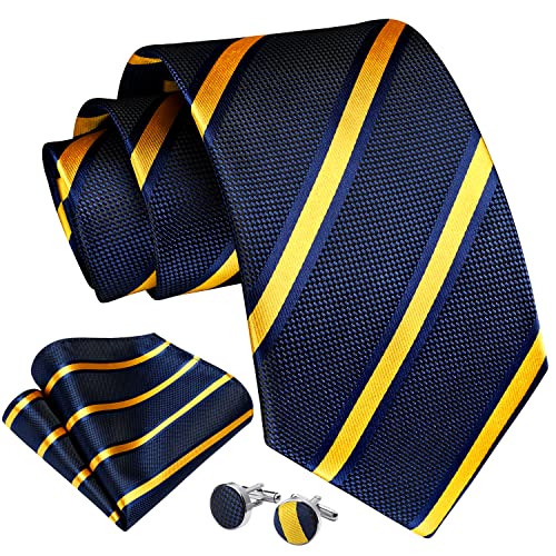 Image of Enlision Mens Ties Stripe Tie and Pocket Square Set Classic Formal Woven Neckties Handkerchief Cufflinks Wedding