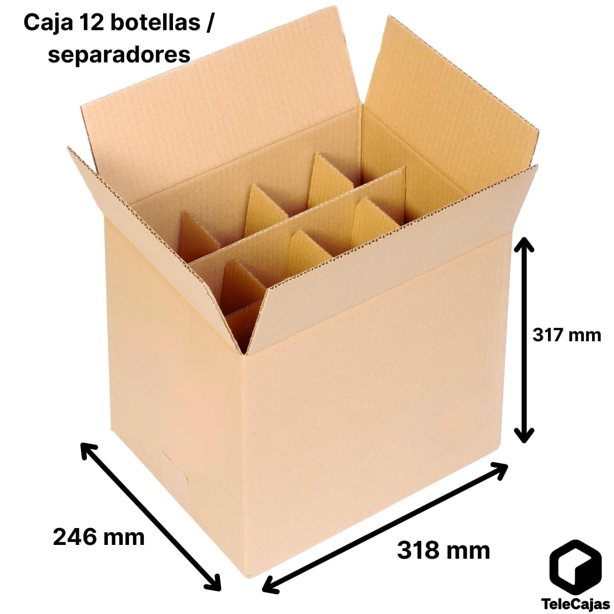 TELECAJAS | Pack de 10 Cajas para 12 Botellas de Vino con Separadores de Cartón Tipo Rejilla | Embalaje Seguro y Resistente para Envíos o Almacenaje