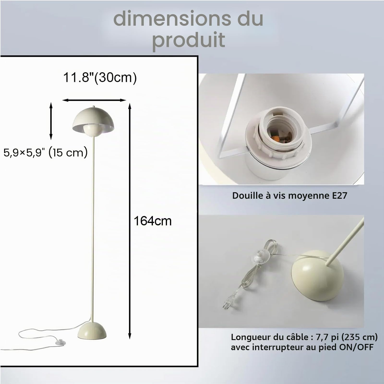 Alpinaluz Lampadaire Moderne avec Double Abat-Jour Métallique Ø30 cm, Design Minimaliste en Blanc Crème, Hauteur 164 cm, Base Stable avec Interrupteur au Pied - Parfait pour Salon et Lecture