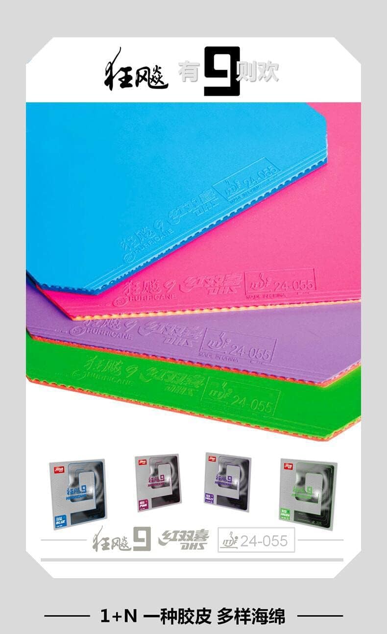 DHS Hurricane 9 Colorful Table Tennis Rubber/Ping Pong Rubber, 2.15mm, Hardness 38 Degree, with Free Rubber Protected Sleeve Adhesive Film