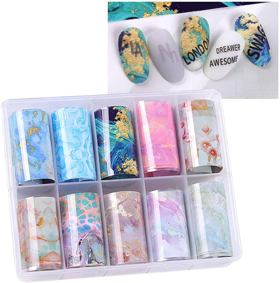 S.A.V.I 10 Rolls Nail Foil Transfer Sticker DIY Holographic Nail Decoration, 10 Designs Laser Nail Foil Wraps Decal for Fingernails Women, 4x100CM each roll (#1- Multicolor Marbles Pattern)