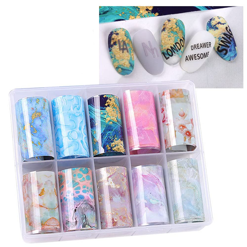 S.A.V.I 10 Rolls Nail Foil Transfer Sticker DIY Holographic Nail Decoration, 10 Designs Laser Nail Foil Wraps Decal for Fingernails Women, 4x100CM each roll (#1- Multicolor Marbles Pattern)