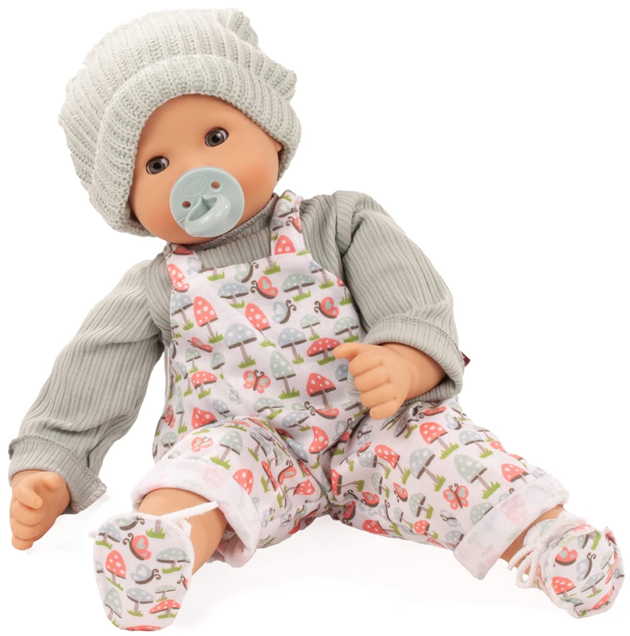 Götz 2327916 Maxy Muffin Glückspilz Puppe 42 cm Babypuppe Blaue Schlafaugen | 7-tlg, ohne Haare, Weichkörper, für Kinder ab 3 Jahren, waschbar, mit Schnuller, Strickmütze und Stoffschuhen