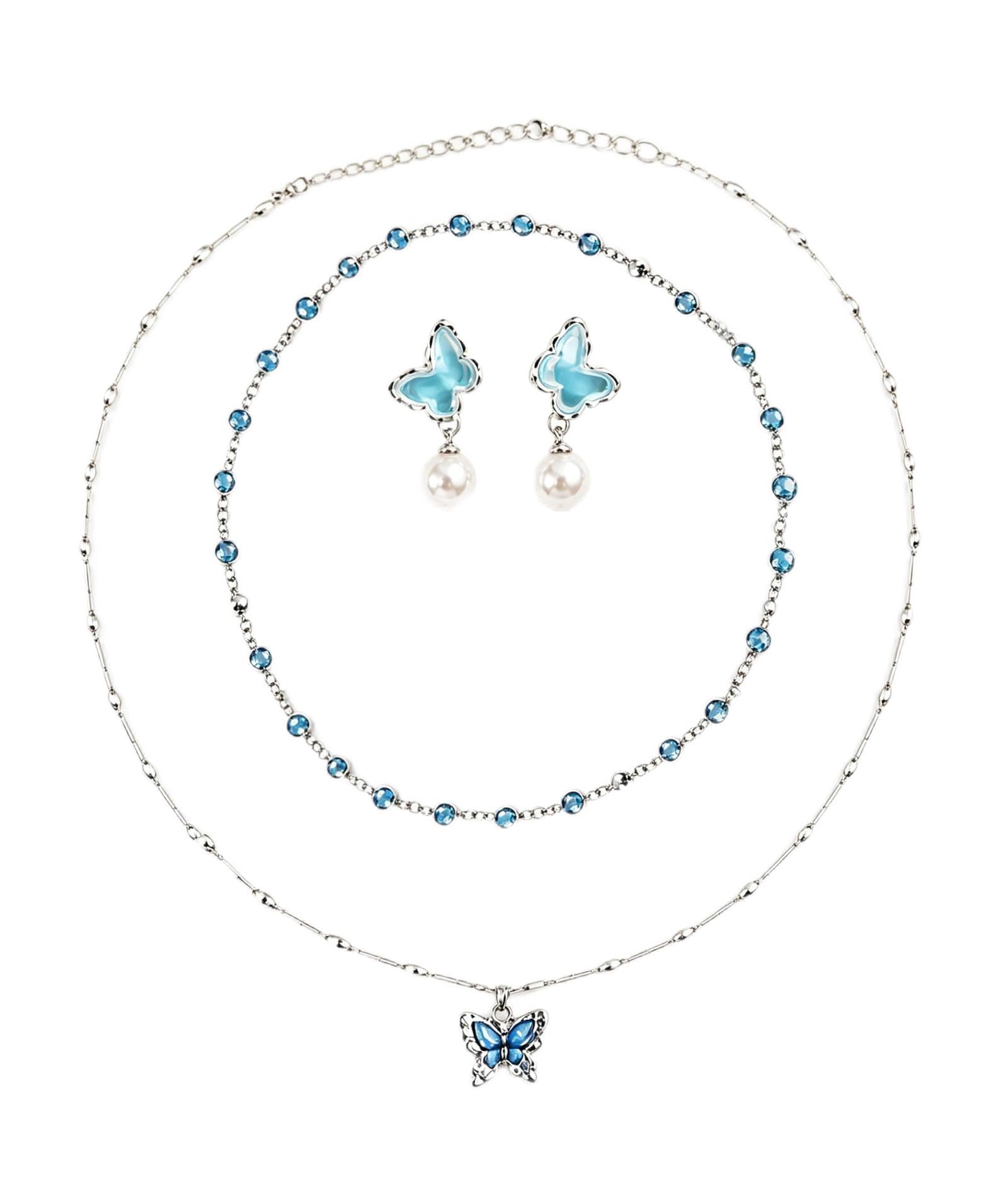 2 Necklaces & 1 Pair Earrings Jewelry Set, Blue Layered Butterfly Pendant Necklace with Pearl Butterfly Earrings, Elegant Daily Fashion Jewellery for Women-picture-50