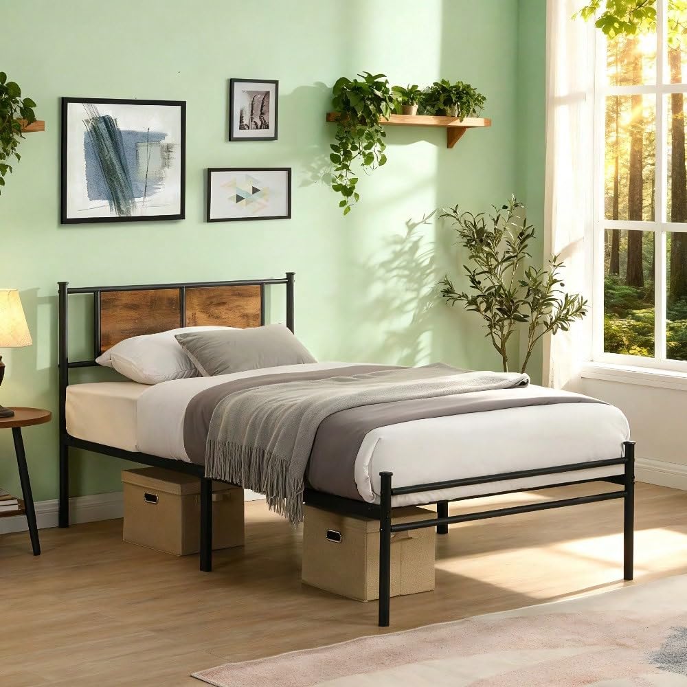 King Size Bed Frame with Headboard Metal Platform Bed with Wood Accent Panel and Under Bed Storage Black