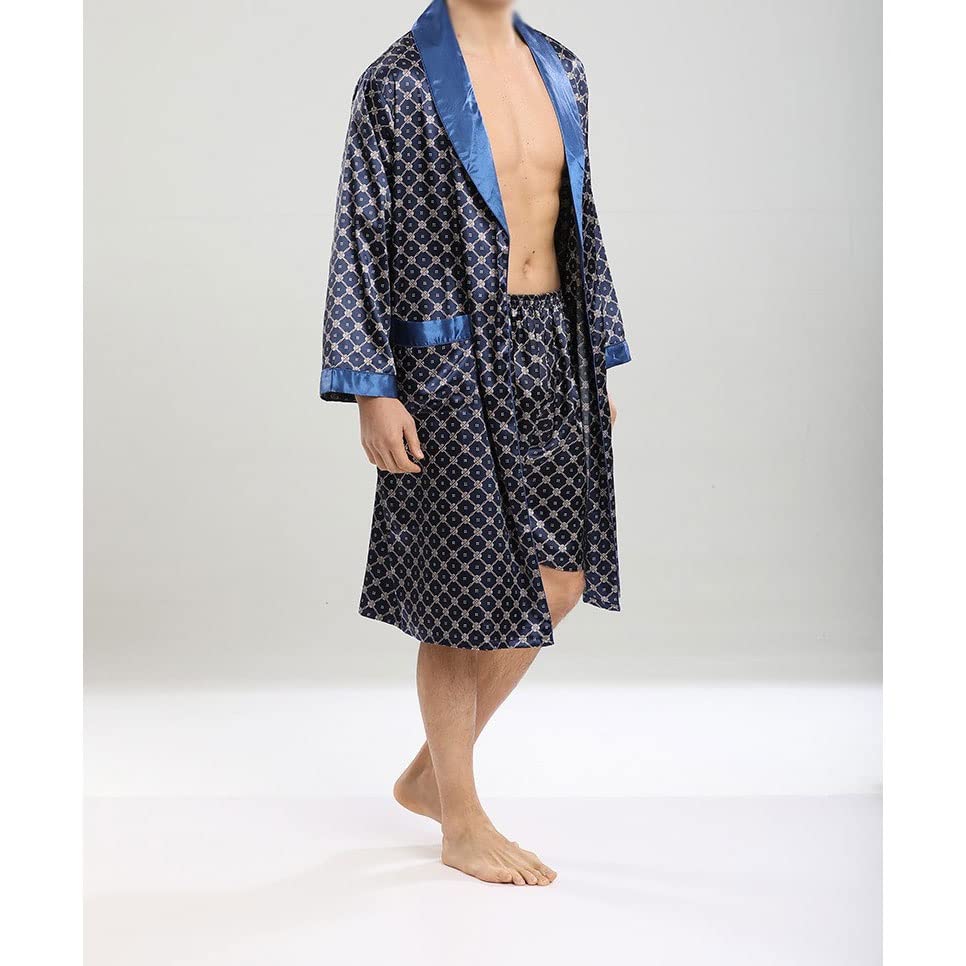 Men Robe Sets Satin Kimono Gown Male Sleepwear Bathrobe Faux Silk Robe&Shorts Suit (Color : Blue, Size : Medium)2