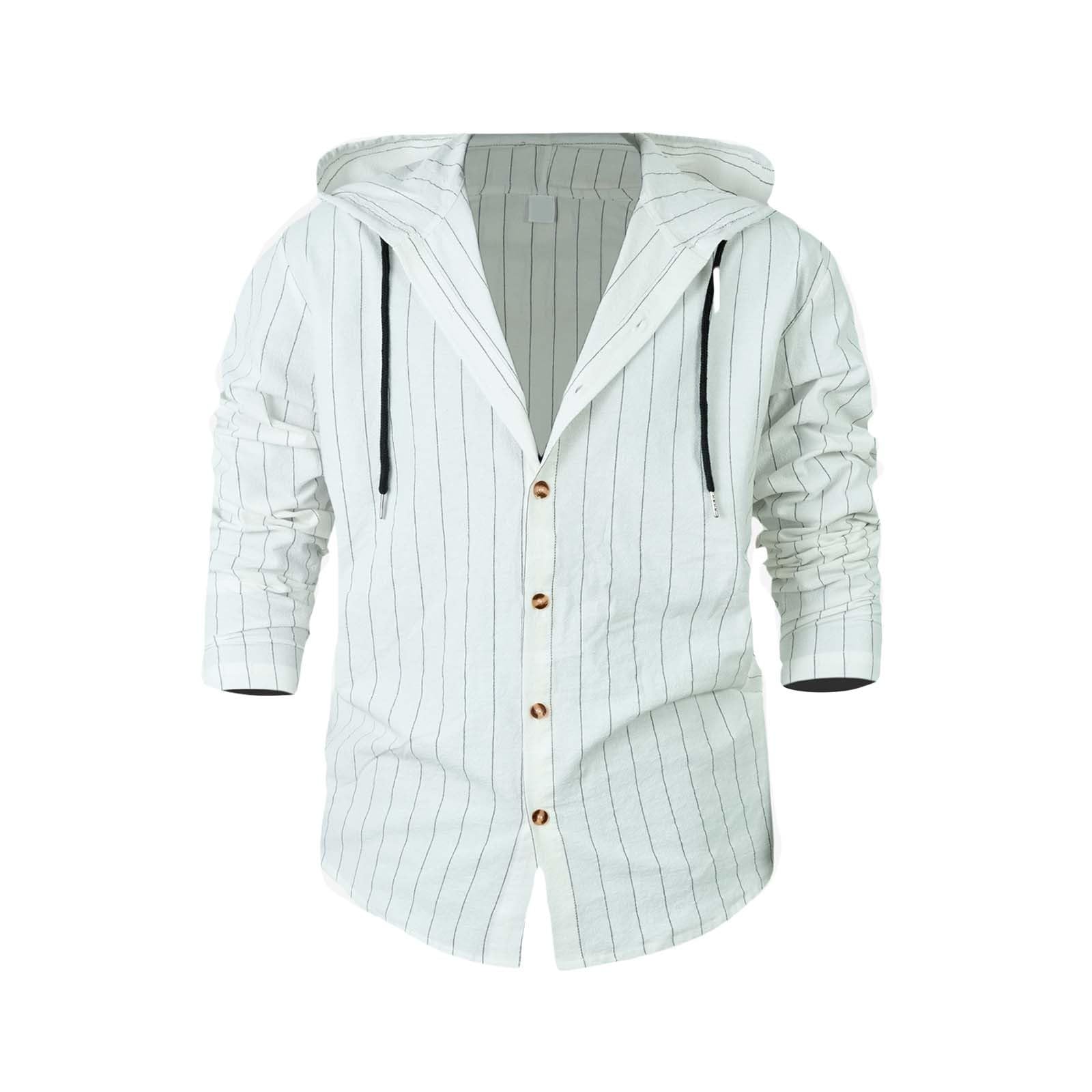Generico Camicia Cappuccio Uomo Maniche Lunghe A Righe Lino Cotone con Bottoni, Indumento Traspirante per Look Casual Stagionali