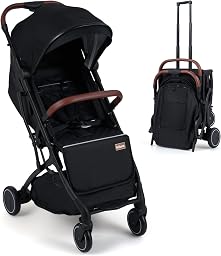 INFANS Travel Stroller, Lightweight Compact Baby Stroller for Airplane with One-Hand Fold, Multi-Position Recline, Canopy, 4 Wheel Suspension, Storage Basket (Black+Black)