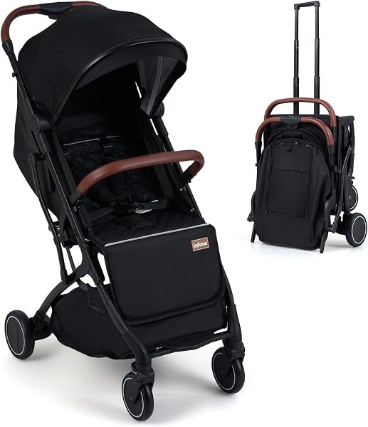 INFANS Travel Stroller, Lightweight Compact Baby Stroller for Airplane with One-Hand Fold, Multi-Position Recline, Canopy, 4 Wheel Suspension, Storage Basket (Black+Black)