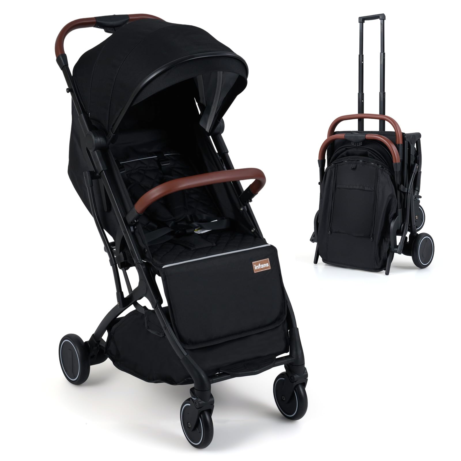 INFANS Travel Stroller, Lightweight Compact Baby Stroller for Airplane with One-Hand Fold, Multi-Position Recline, Canopy, 4 Wheel Suspension, Storage Basket (Black+Black)