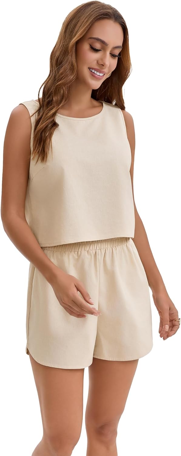 Linen Short Sets for Women Summer Outfits Sleeveless Tank Top High Waisted Shorts Lounge Sets - Image 3