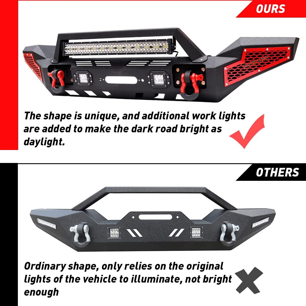 JL Bumpers Front + Rear Combo Fits Wrangler JL 2018-2023,Plate Steel bumper cover with light & D-Ring &winch plate& 2" Hitch Receiver,Textured Black