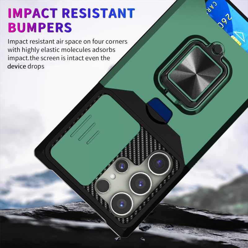 Image of LuxuryKase Shockproof Armor Case for Samsung Galaxy S24 Ultra | Slide Camera Cover | Hidden Card Slot | Rotating Ring Kickstand | Magnetic Car Mount Support | Military Grade Protection - Green
