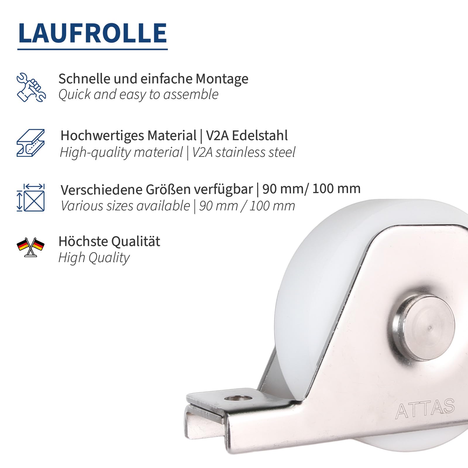 ATTAS PA6 Polyamid Laufrollen 100 mm – Schwerlastrollen für Pooldecks & Rollwagen mit V2A Edelstahl Innenstützplatte, Hochbelastbare Lenkrollen und Transportrollen, Wetterfest, Rollwagen