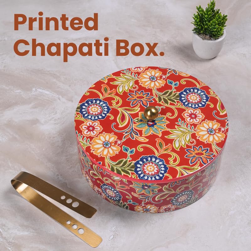 Image of Wooden Chapati Box for Kitchen - Casserole for Roti with Stainless Steel Brass Lid | Wooden Chapati Box with 1 Tong | Traditional Kitchen Organizer - Red (Printed)