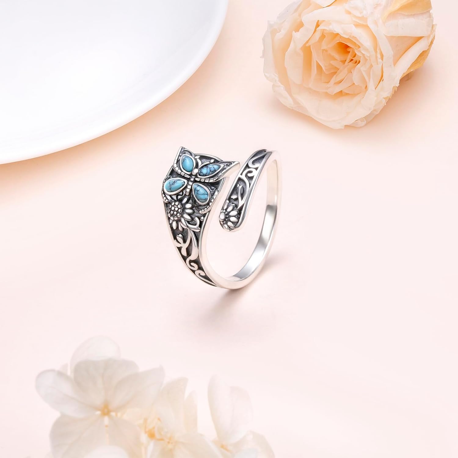 925 Sterling Silver Spoon Rings Adjustable Sunflower Thumb Ring For Women Turquoise Boho Ring Vintage Rings Unique Jewelry Present for Christmas Mother's Day - Image 2