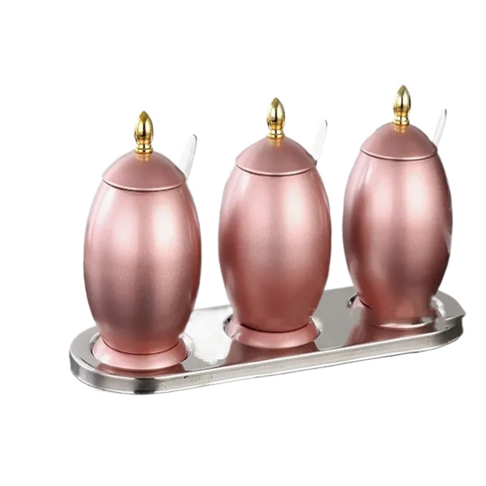 Boîte à épices en acier inoxydable Ensemble de pots d'assaisonnement en acier inoxydable, avec cuillère, boîte à épices Base pivotante, sel, accessoires cuisine(Rose Golden-3pcs set)