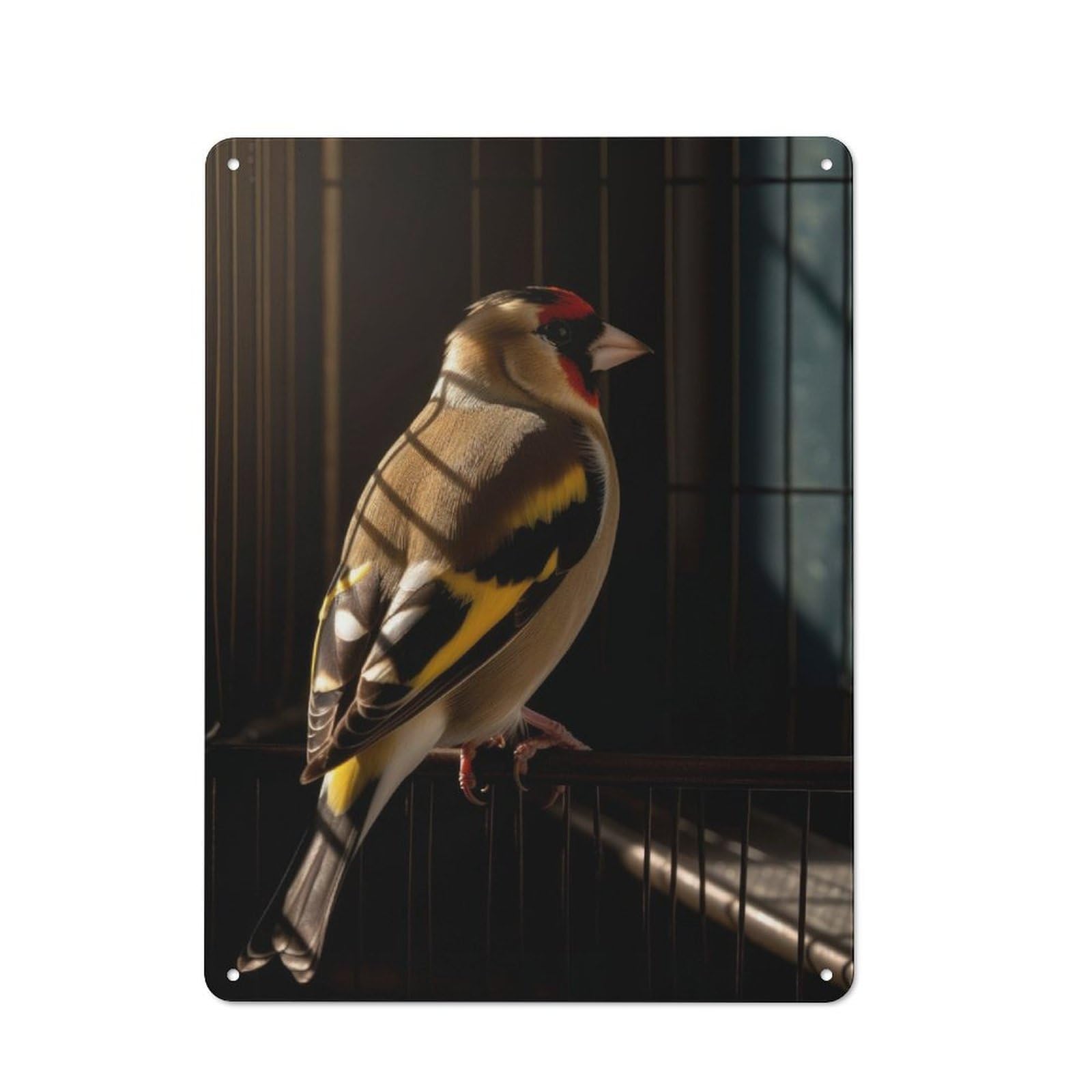 Garden Style Tin Sign 40x30cm Featuring Goldfinch Bird in Cage, Shed Wall Decor for Patio Bar, Workshop, Shed Or Kitchen