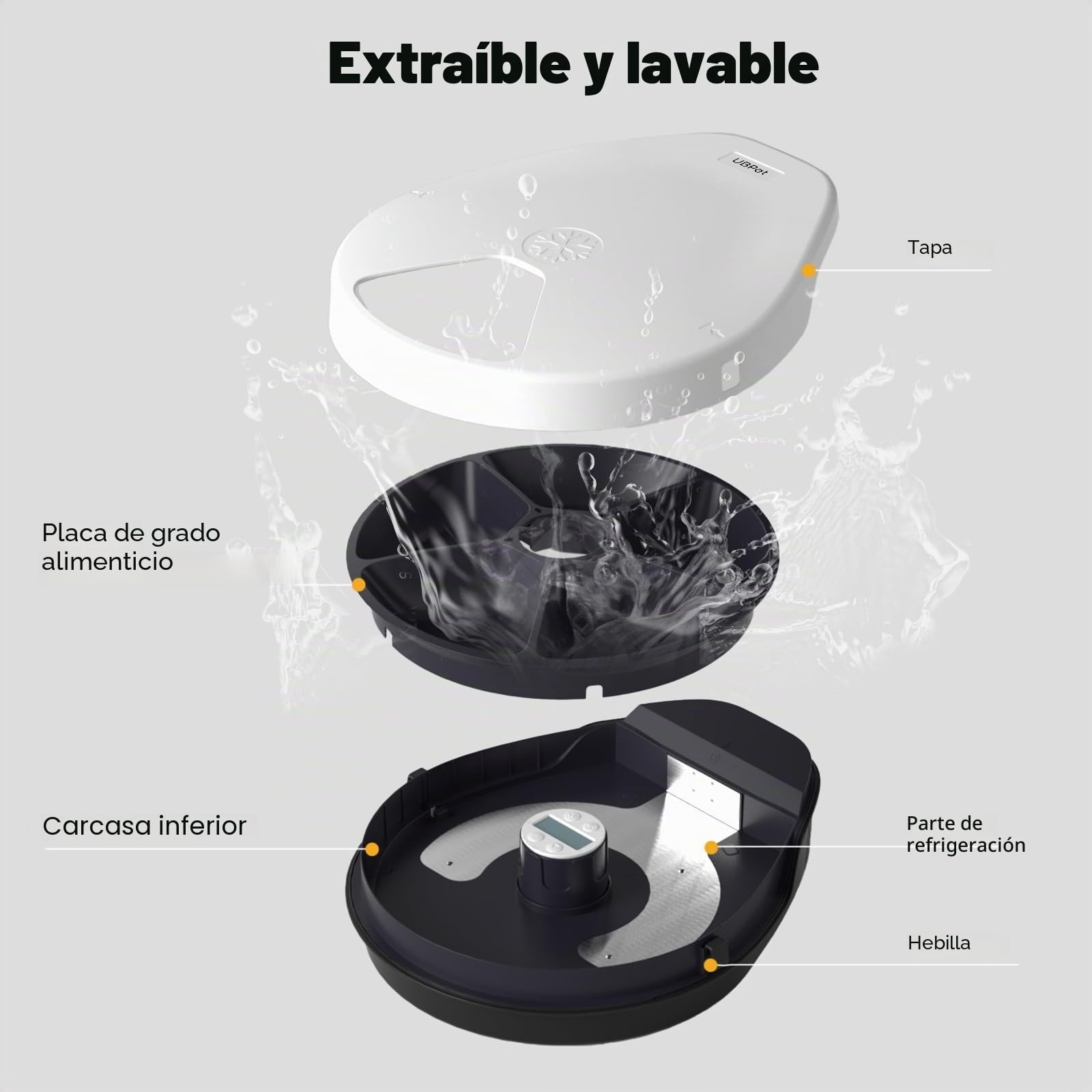 Comedero automático para gatos con comida húmeda y refrigeración, tecnología de refrigeración por semiconductores, función de temporización, comedero automático para gatos, 5 compartimentos, plato