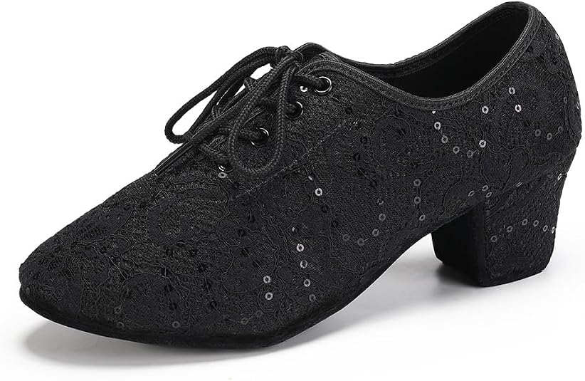 SWDZM Scarpe da Ballo Latino da Donna Lace-up Punta Chiusa Salsa Moderno Tango Pratica Scarpe da Ballo,Heel-5CM,Nero,34EU