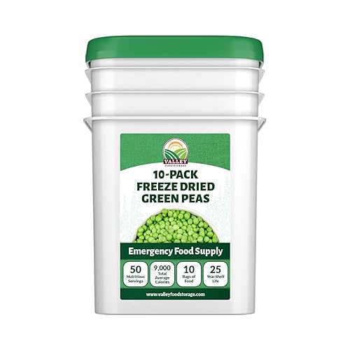Valley Food Storage Cubo de 10 bolsas de guisantes verdes liofilizados, 88 onzas Suministro de alimentos de emergencia premium de 25 años de vida