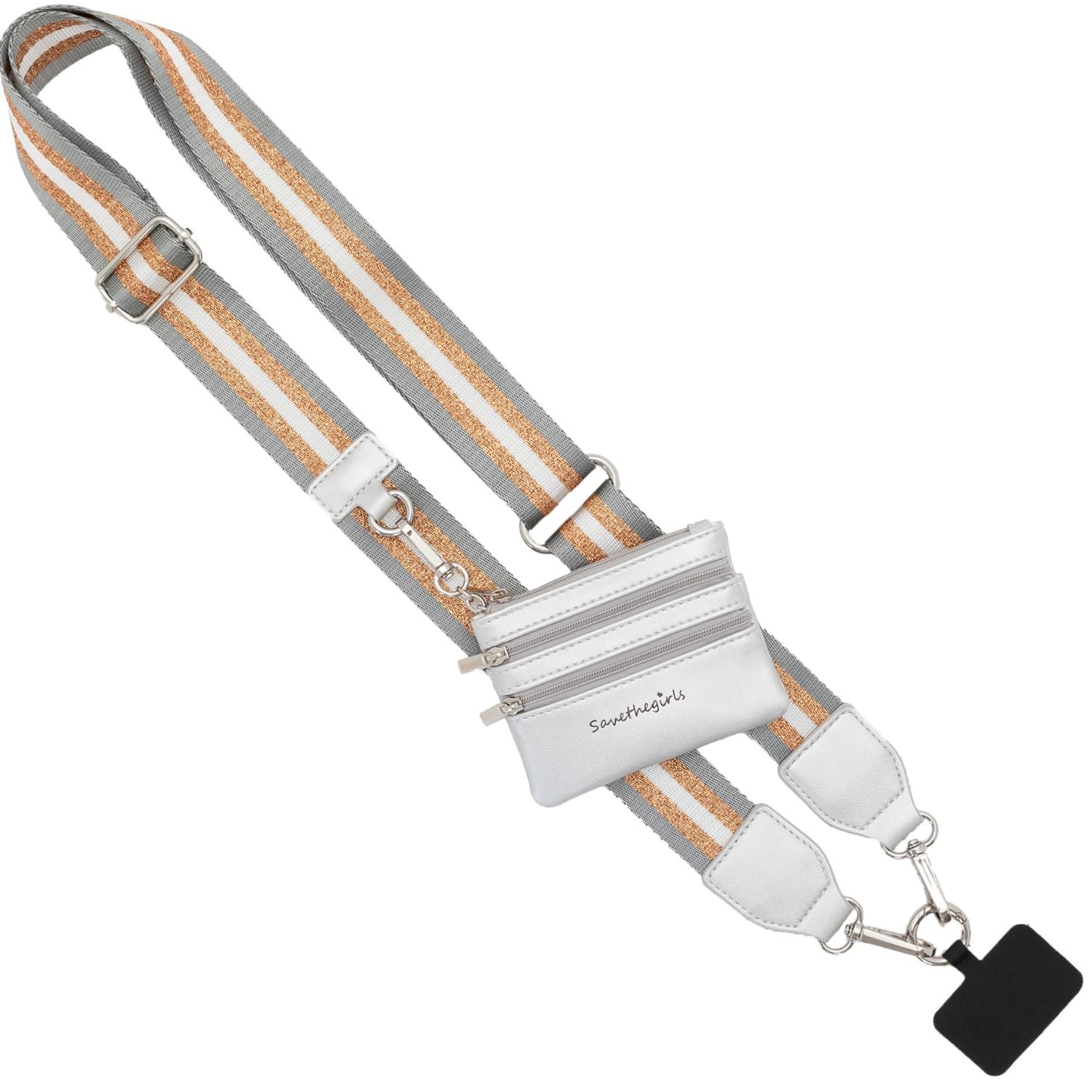 Save the Girls Clip & Go Bold Phone Strap (Stripe Grey/Gold/White - White Pouch) – Crossbody Phone Strap Chain with Zipper Wallet Pouch – Phone