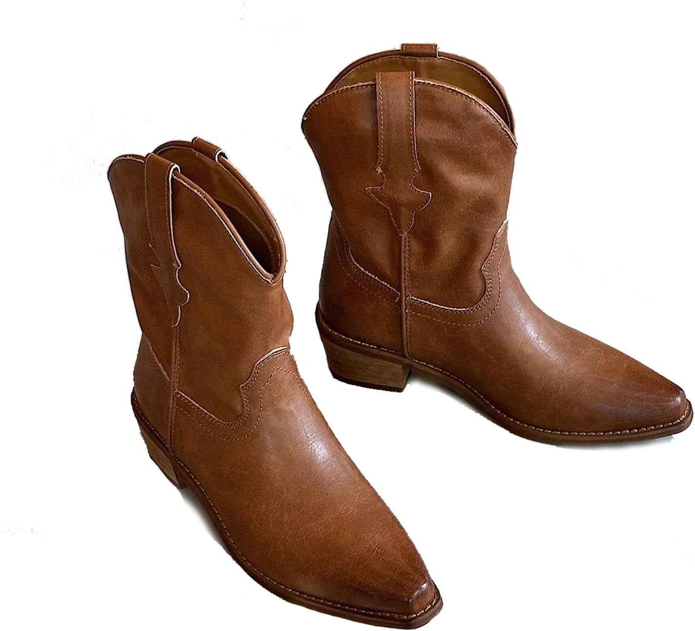 Women's Leather Western Cowboy Cowgirl Casual Ankle Boots Classic Pointed Toe Low Block Heel Dress Pull-on Mid-Calf Boots