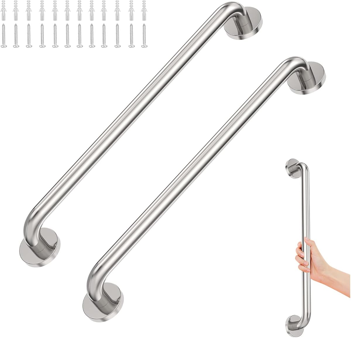 24 Ince Barra de agarre cromada para ducha, paquete de 2 | Acero inoxidable 304, tubo totalmente soldado de 1,25", soporte ADA de 500 libras, acabado de espejo fácil de limpiar, pasamanos de seguridad para personas mayores y discapacitados