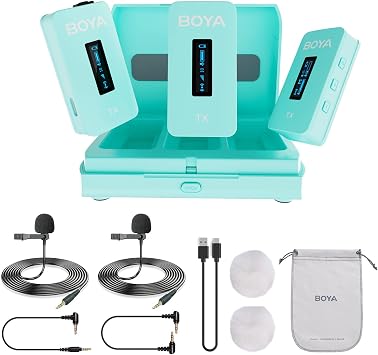BOYA BY-XM6-K2G Dual Wireless Lavalier Microphone System with 2 Transmitters for DSLR Camera Camcorder Smartphones in Vlog YouTube Video Facebook Live Green