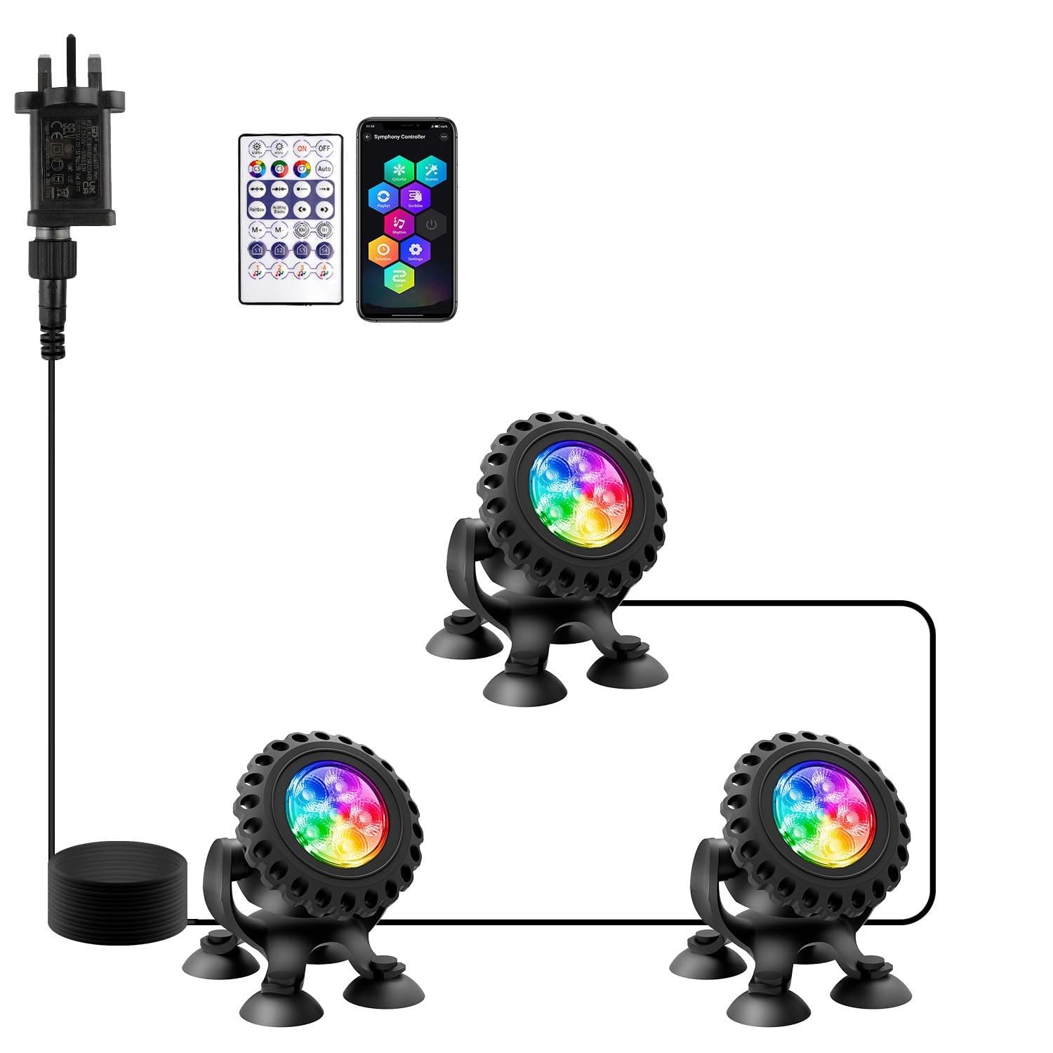 T-SUN Colored Pond Lights with Timer,LED Underwater Pond Light Submersible Fountain Lights for Fish Tank Landscape Spotlight-Bluetooth APP & Remote Control,IP68 Waterproof,Aquarium,Yard (3 Heads)