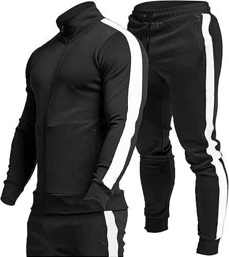 TEZO Conjunto deportivo casual de 2 piezas para hombre, con cremallera completa, con bolsillos con cremallera completa