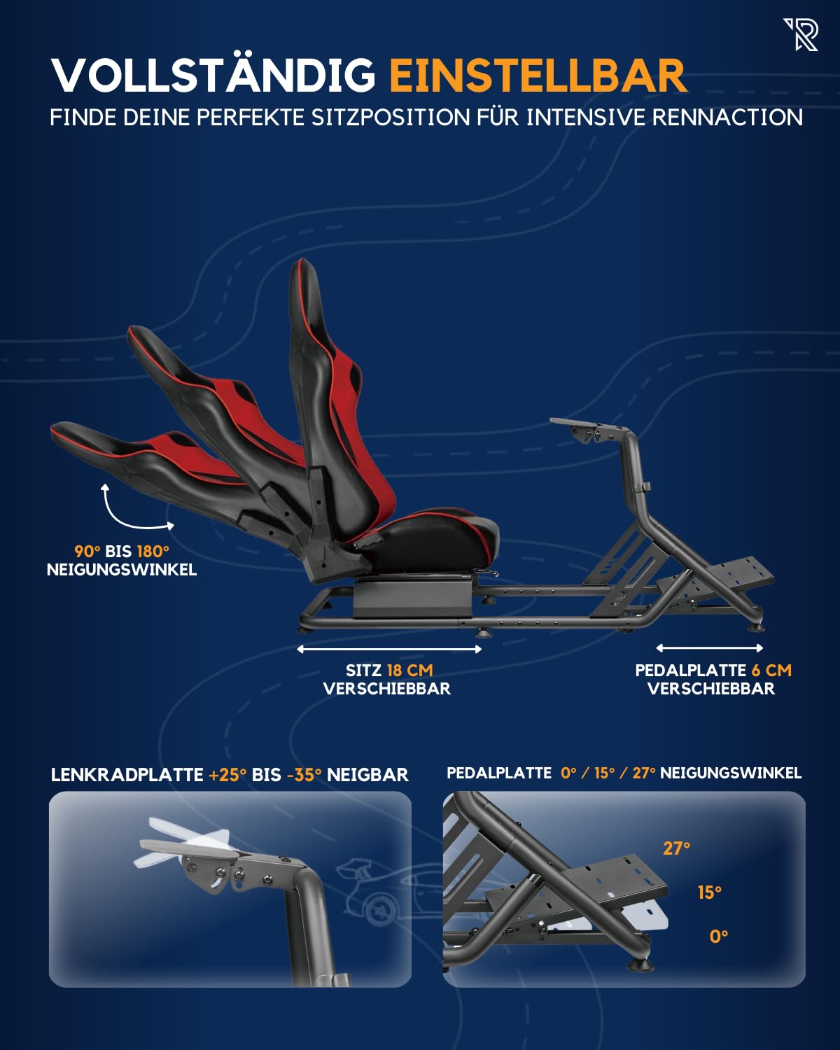 Ranqer Simulator Racing Seat, verstellbarer Rennsitz aus PU-Leder für SimRacing, ergonomischer Cockpit-Sitz, geeignet für PC, PlayStation und Xbox, Lenkrad und Pedale separat erhältlich