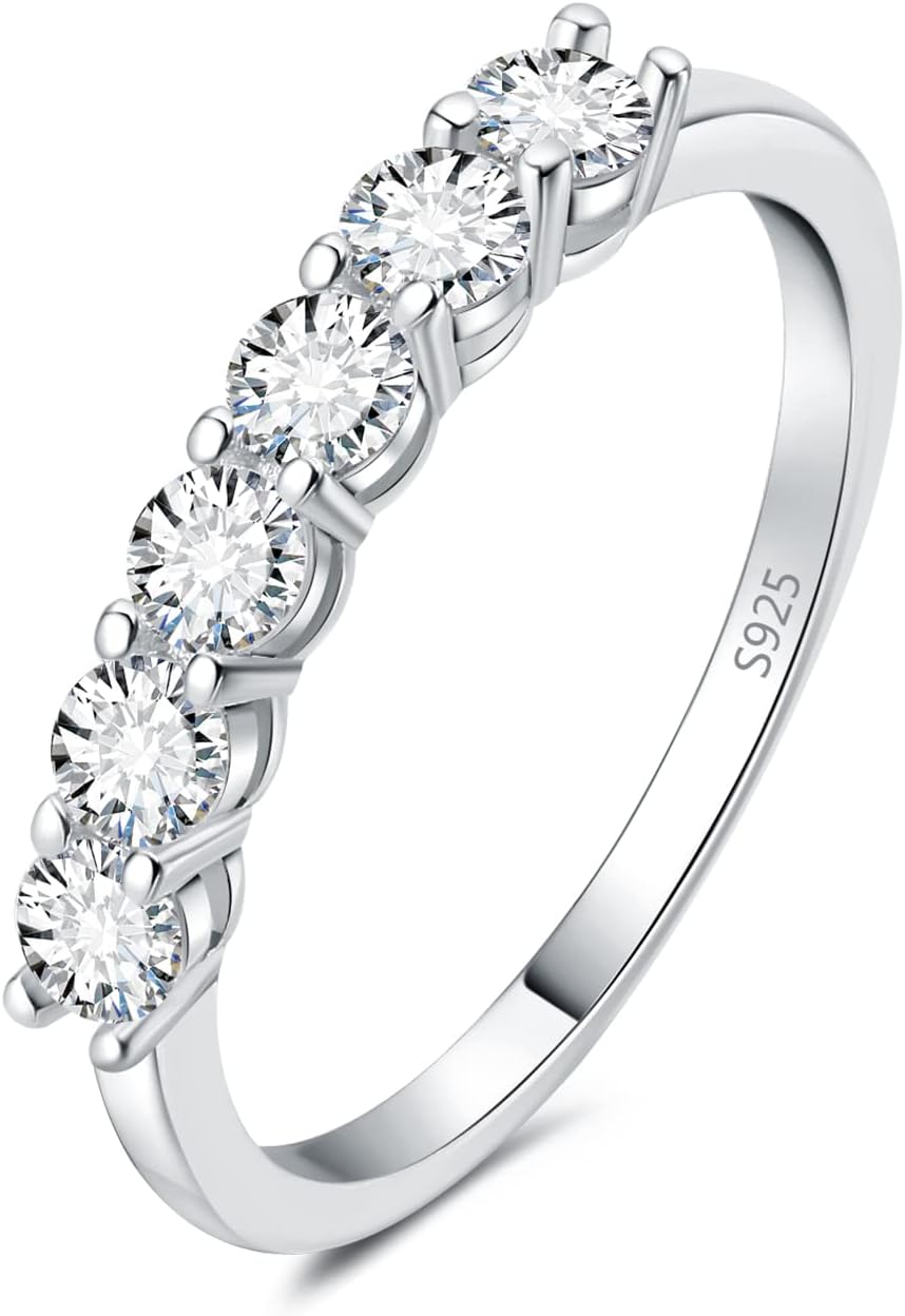 JewelryPalace Genuine Moissanite Wedding Rings for Women, Eternity 14k White Yellow Rose Gold Plated 925 Sterling Silver Promise Ring for Her, Round Cut Simulated Diamond Anniversary Band Ring VVS D-F