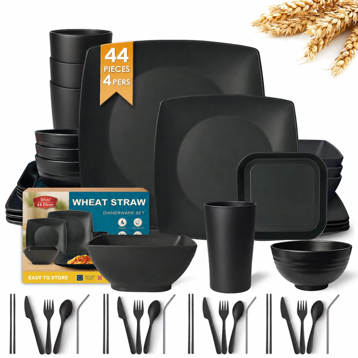Teivio 44-piece With Flatware Plates and Bowls Sets, Black Dishes Set for 4