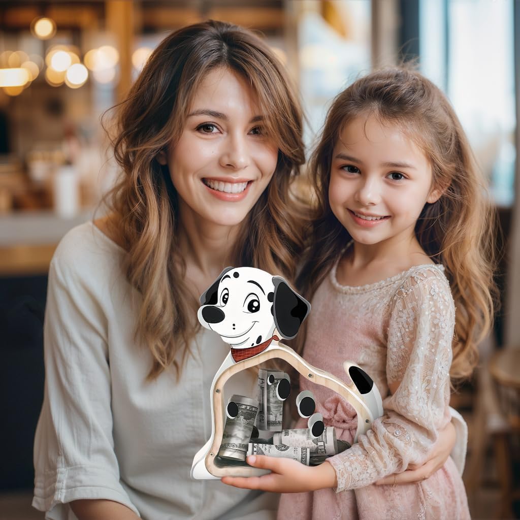 Wooden Dog Piggy Bank for Kids, Dalmatian Unbreakable Coin Bank for Kids with Stickers, Wooden Cashbox Money Bank, Birthday Gifts for Boys, Girls, Educational Toy for Boys, Girls, Room Decor
