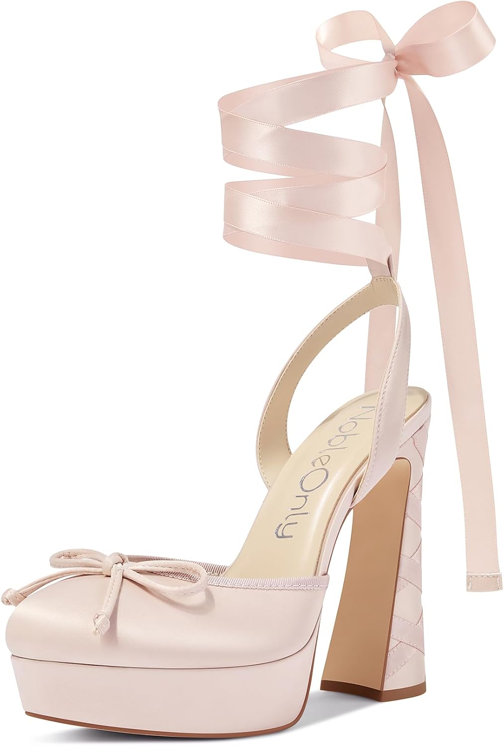 NobleOnly Satin Ballet Heels for Women Close Round Toe Bow Lace Up Slingback Pumps High Chunky Block Platform Ballerina Heels Wedding Dress Party Shoes 5.1 Inches