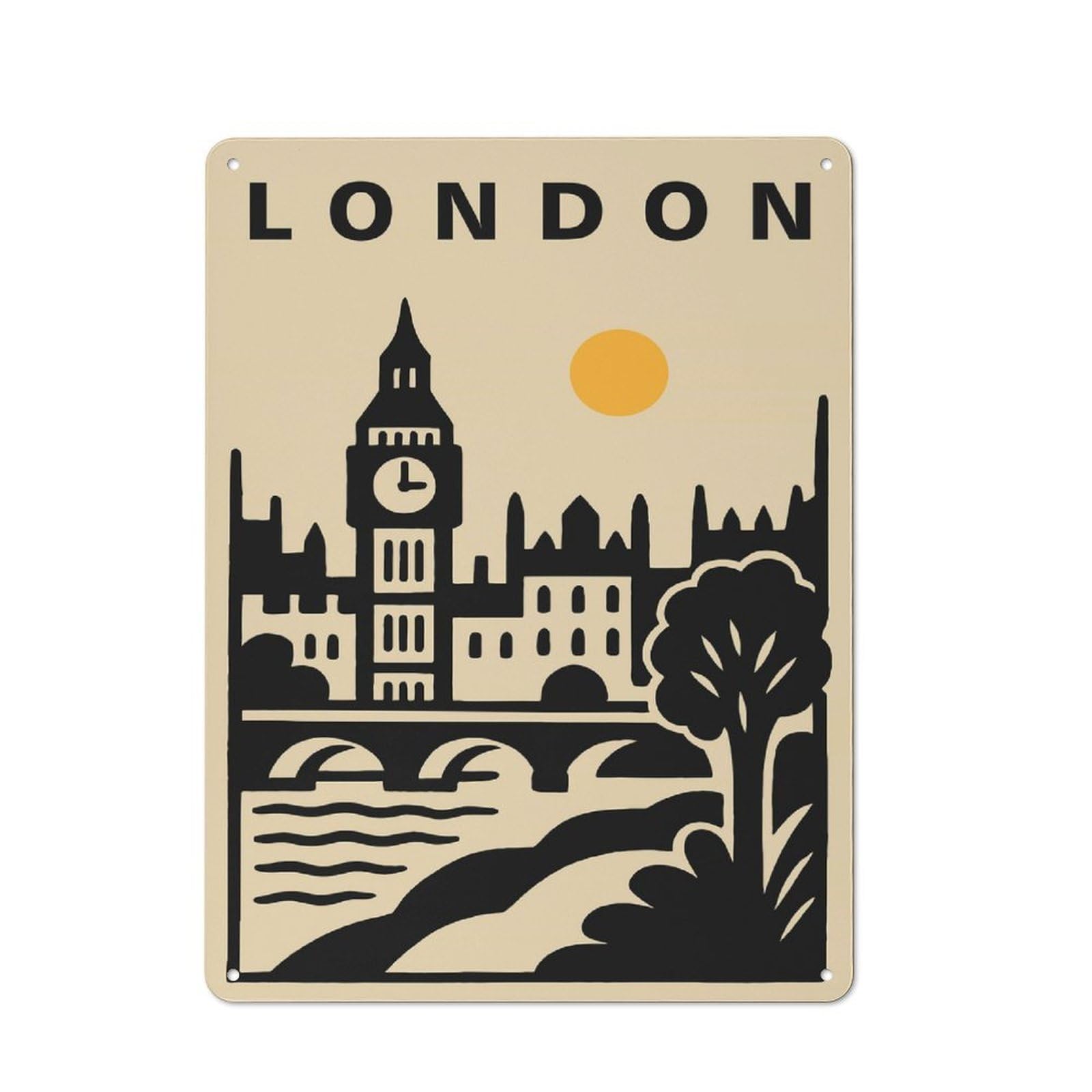 Junmoney Style-7 Metal Wall Sign With London Cityscape Illustration Design 40X30cm, Modern Retro Urban Room Decor For Workspace, Cafe, Hallway Or Garage