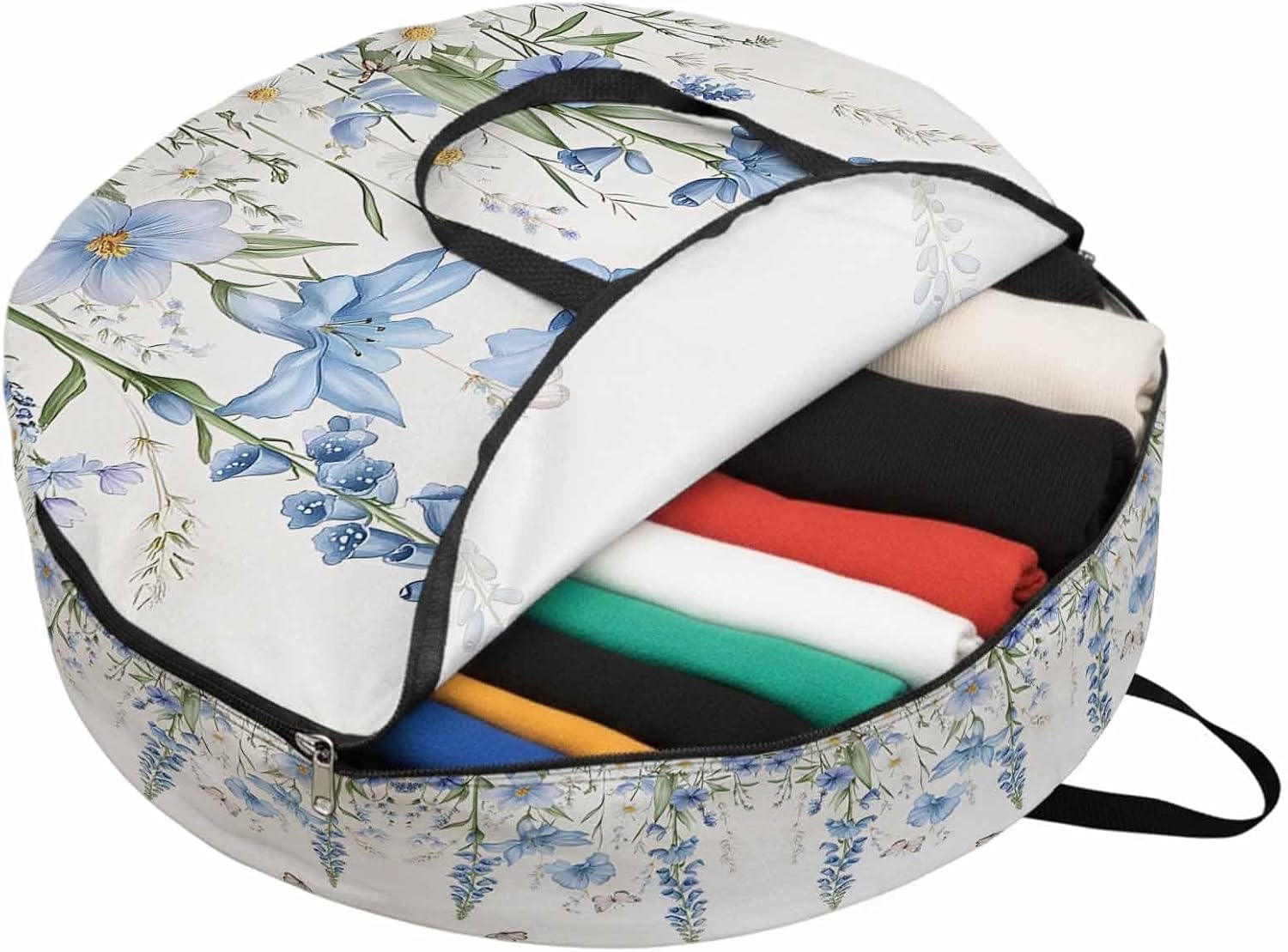 Blue Floral Round Storage Bag 36 Inch, Spring Bluebells Wildflowers Butterfly Botanical Clothes Storage Container with Handles Heavy Duty Organizer for Comforter, Bedding & Holiday Wreaths