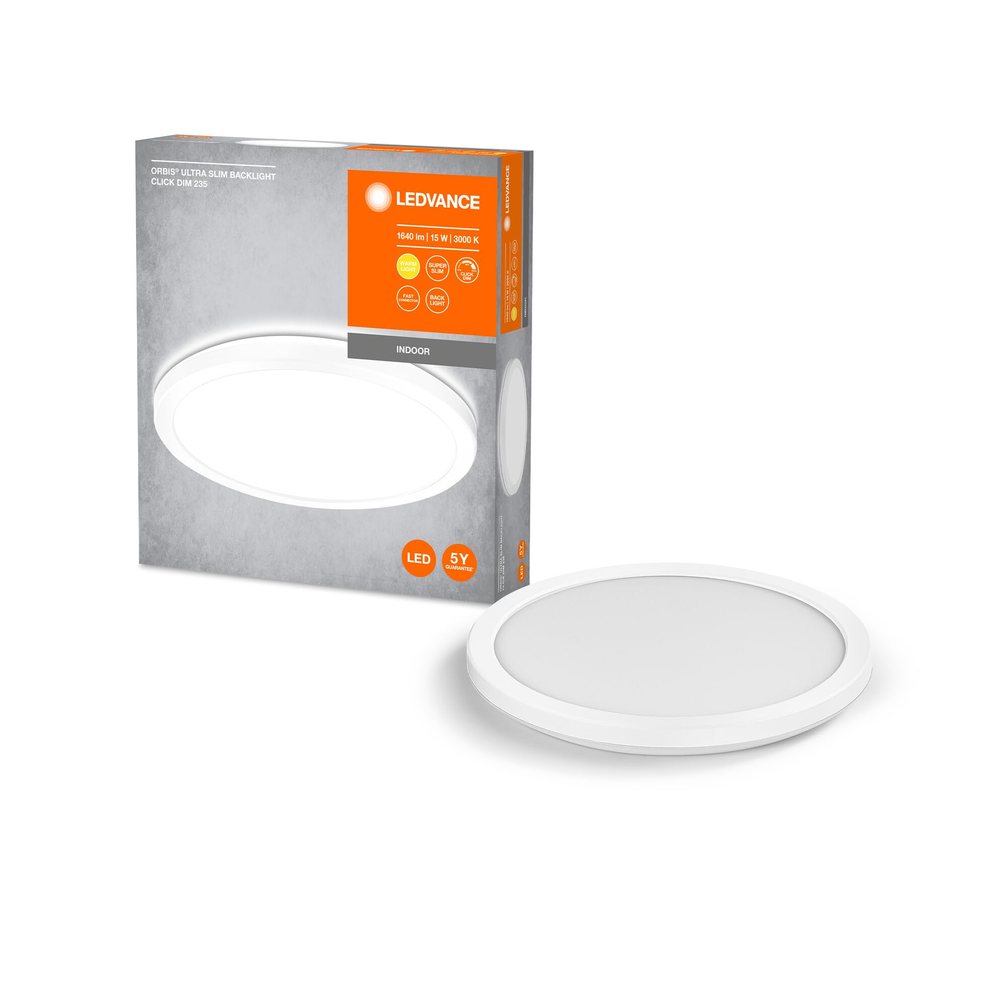 LEDVANCE ORBIS Ultra Slim Ceiling Light 235mm, White, 15W, 1640lm, homogeneous, Warm White Light (3000K) + Backlight, Three-Stage dimming via wall Switch, Ultra-Slim, IP20 Protection