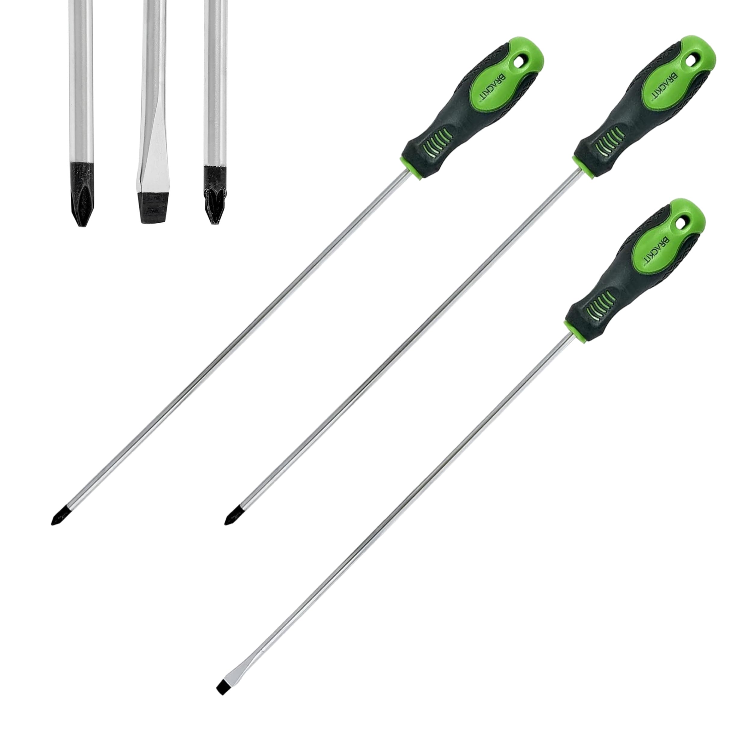 Brackit 3-Piece Extra Long Screwdriver Set – Long Handle Philips, Pozi & Slotted Head Screwdrivers with Magnetic Tips – Extended Reach for Mechanics & Heavy Duty Use