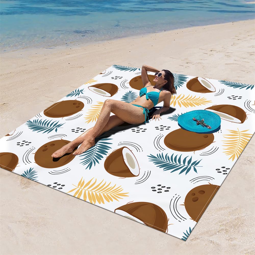 DOTBUY-SHOP Large Beach Blanket, Waterproof Picnic Blanket Portable Foldable Tent Carpet, Beach Mat with 4 Stakes, Sandproof Camping Blanket for Outdoors, Camping (Coconut,150x150cm)