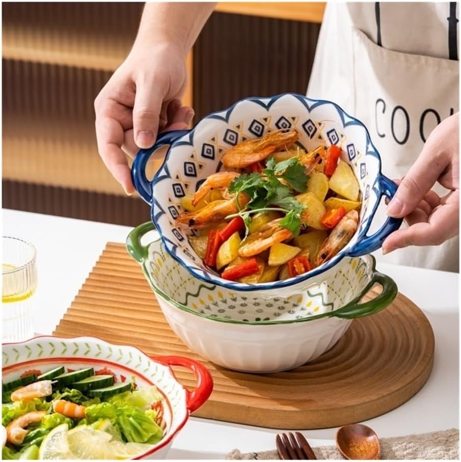 Casserole Dish Salad Plate Double Ear Household Oven Special Bowl Ceramic Tableware, Cheese Baked Rice Baking Tray