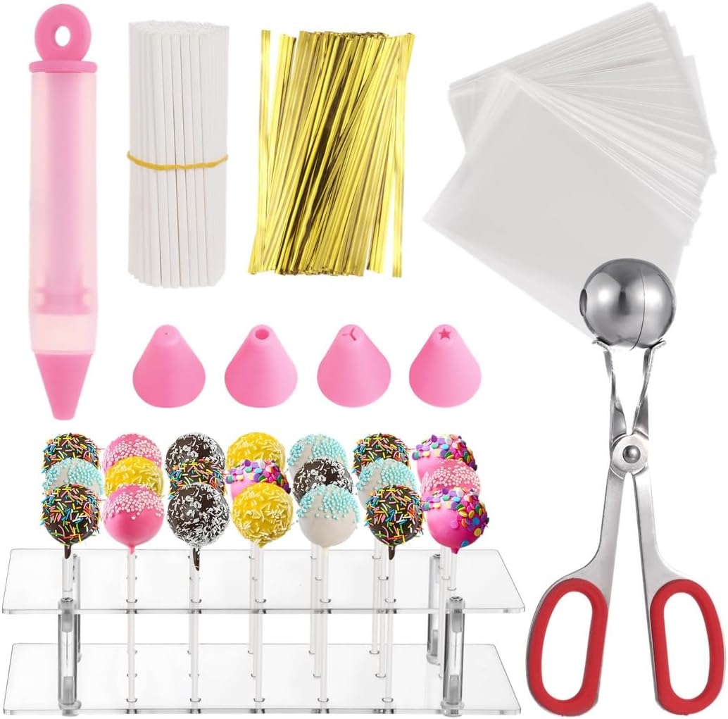 Cake and Lolli Making Kit with 100 Lolli Sticks, Wrappers, Twist Ties, Decorating Pen, and Stand for Homemade Treats