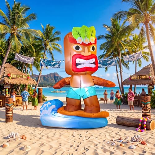 Image of Shappy 5 ft Inflatable Tiki Surfboard Decorations Luau Hawaiian Party Decorations Summer Inflatables Outdoor LED Lighted Tiki Blow up Beach Tropical Pool Surfing Yard Party Supplies Favors