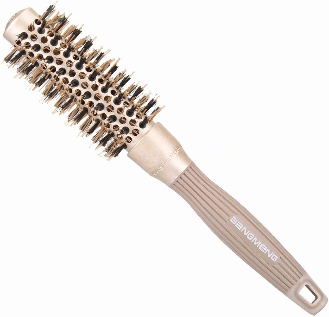 BANGMENG Round Brush with Boar Bristles, 1 inch Barrel, Nano Thermal Ceramic Ionic Tech for Straightening and Blow Drying, Gold