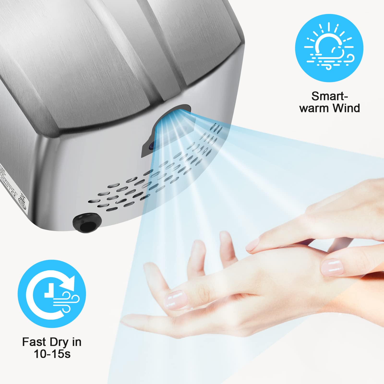 QL Asciugamani Elettrico ad Aria,Asciuga Mani Elettrico Automatico 1150W in Acciaio Inox con Filtro HEPA per Bagno,Commerciale Argento