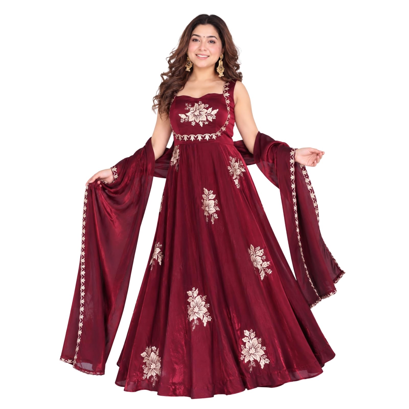 Womens Embroidered Sleeveless Flared Gown with Dupatta | Sweetheart Neck Empire Waist Silk Maxi Dress | Long Ethnic Frock Suit for Women-picture-52