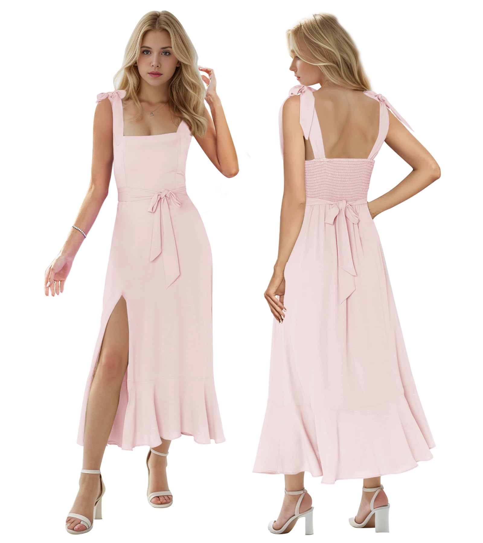 MllesReve Women Midi Dresses Square Neck Side Slit Ruffle Smock Dresses Elegant Formal Evening Wedding Guest Dresses