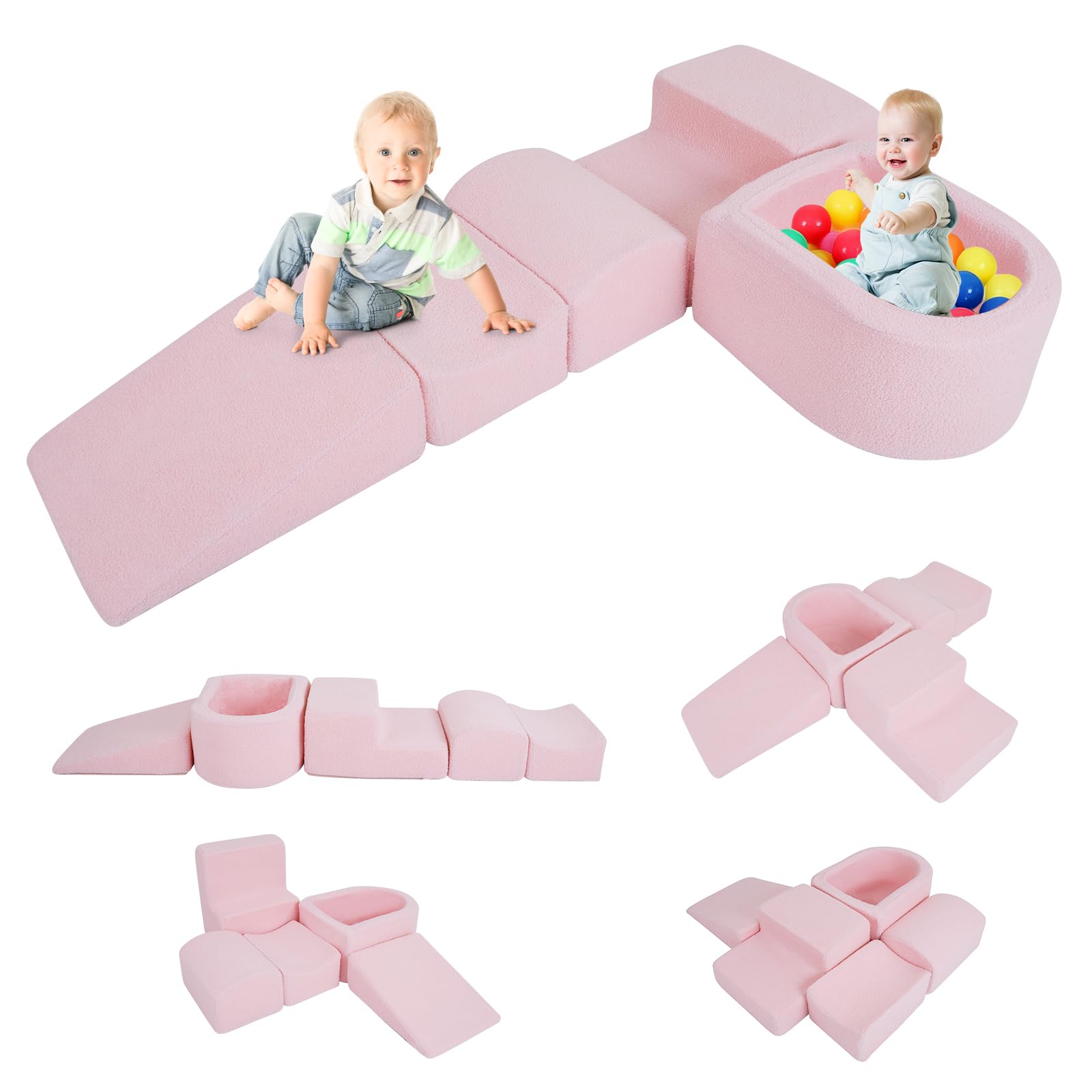 COSTWAY 5-Piece Soft Play Climbing Blocks, Baby Climb and Crawl Playset with Ball Pit, Foam Playground Montessori Toy for Toddlers (Pink Sherpa Fabric) — image 1
