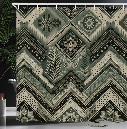 Ambesonne Boho Shower Curtain, Bohemian Exotic Tribal Print Chevron and Polka Dots Maze in a Royal Garden, Cloth Fabric Bathroom Decor Set with Hooks, 69" W x 70" L, Grey Teal and Dimgray
